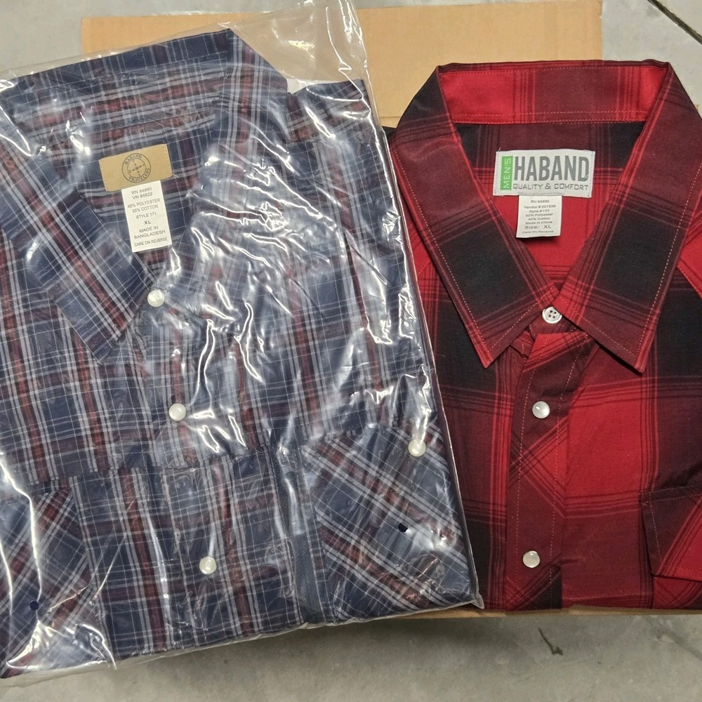 2 Haband Shirt Mens XL Red Blue Plaid Pearl Snap Western Cowboy Rodeo Lumberjack